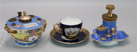 19C French Encrier a Pompe, a Sevres-style porcelain inkstand, Dresden double salt, Limoges cup & saucer etc (faults)